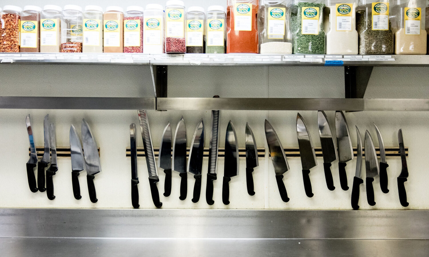 A knife rack in the FareStart kitchen