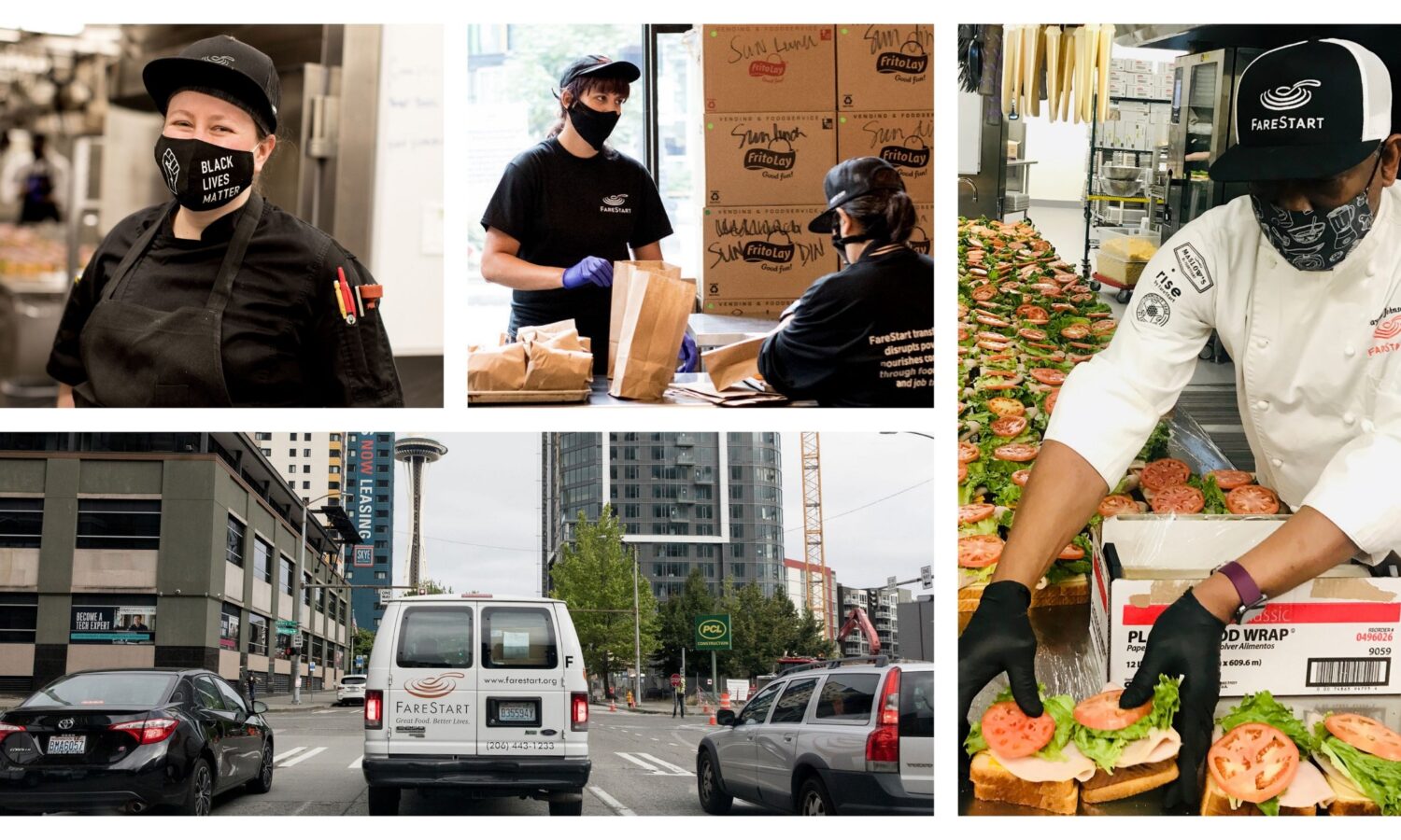 Collage of FareStart members cooking, packaging and distributing food to the community