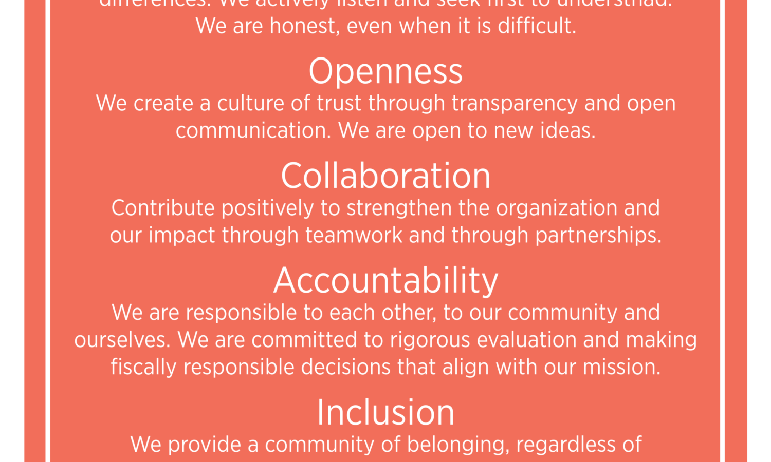 FareStart's values: acceptance, respect, openness, collaboration, accountability, inclusion, growth