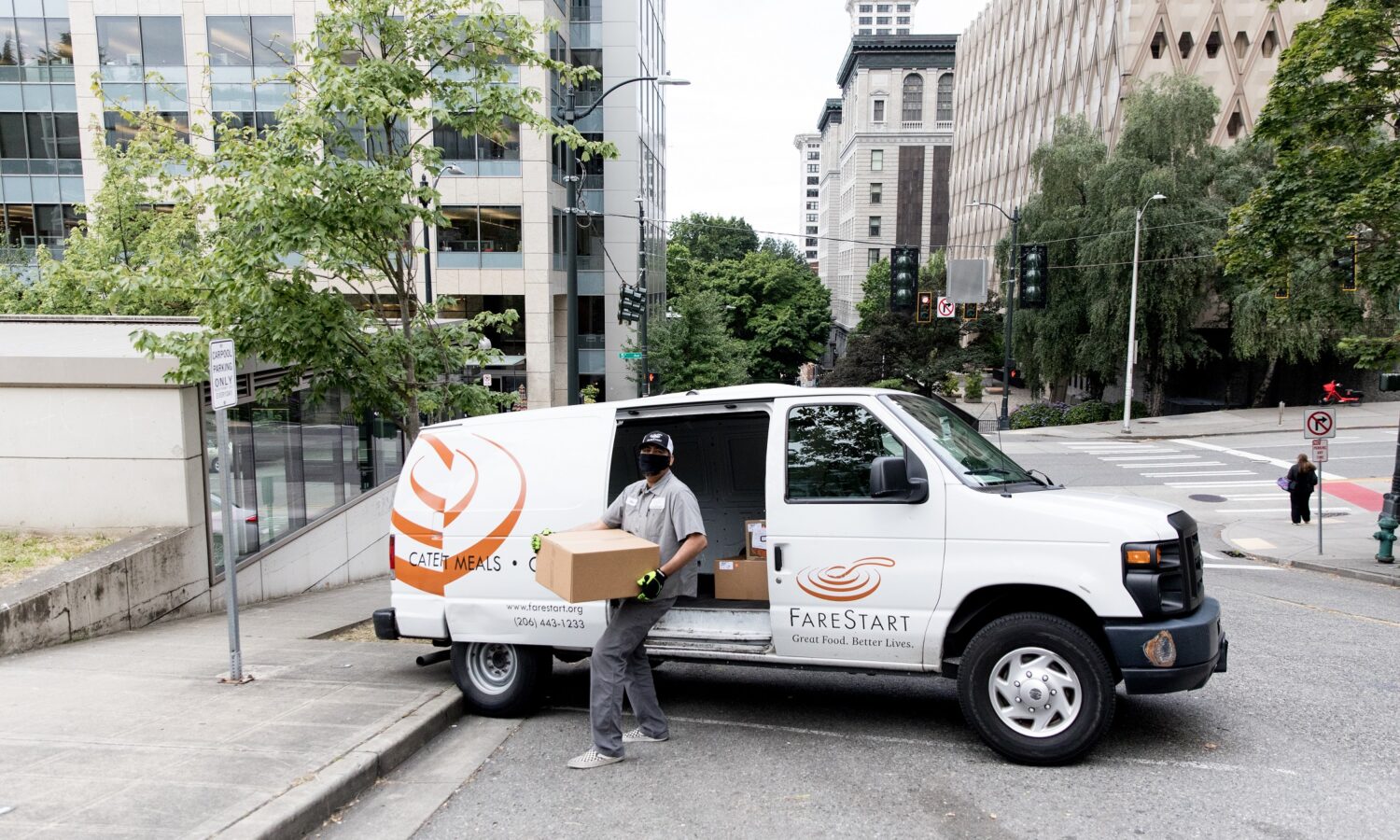 Unloading food deliveries from a FareStart van