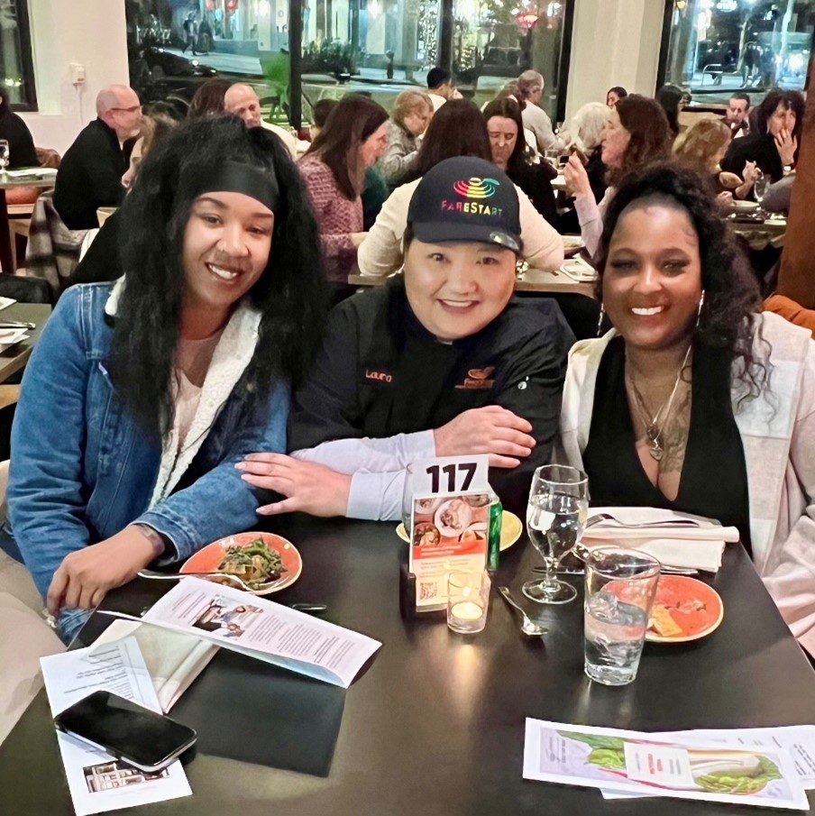 A photo of Row and two other people. From left to right: Racheal (Food Pathways Program Graduate), Chef Laura (FareStart Chef), Row