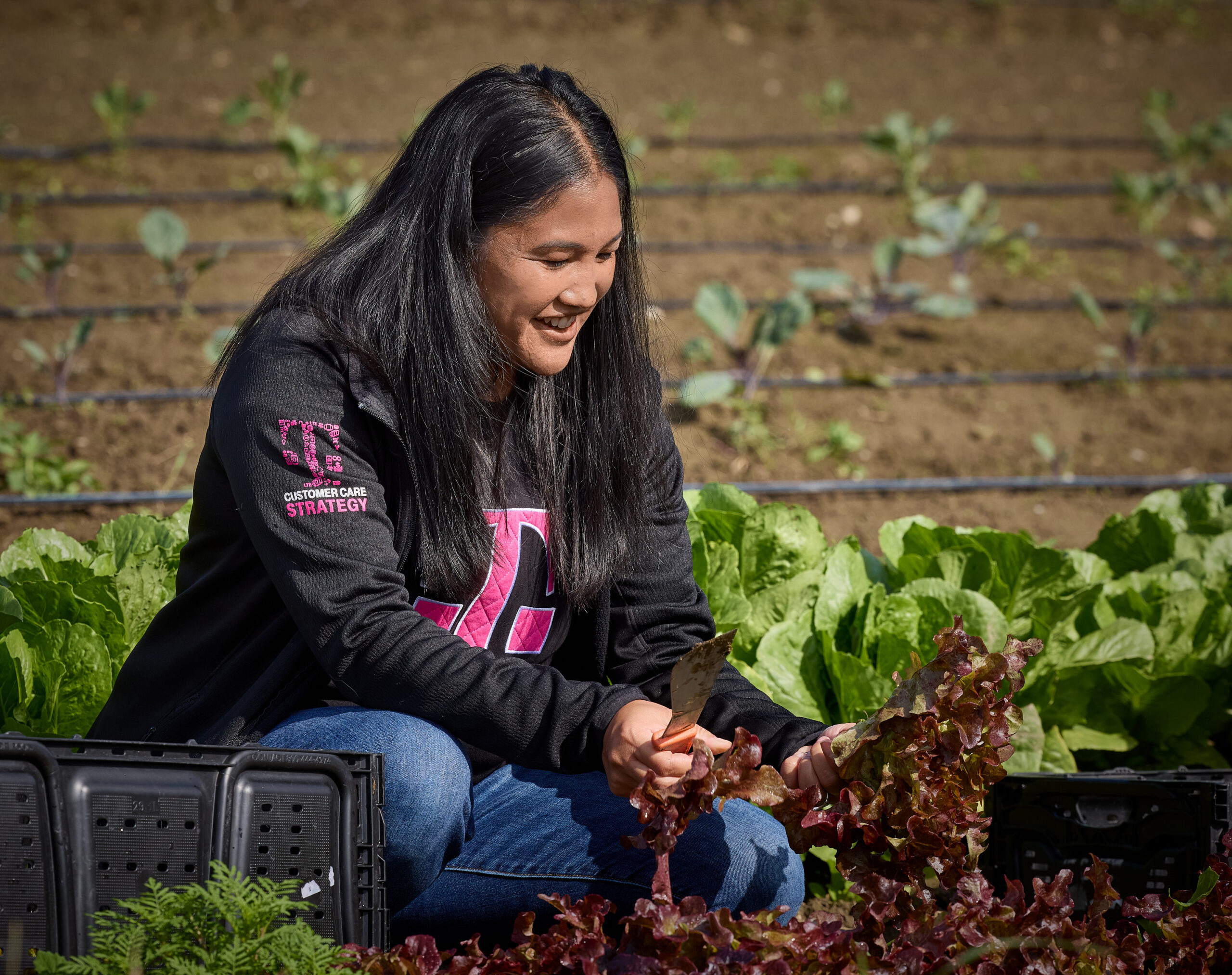 A FareStart volunteer wearing a T-Mobile sweater gleaning