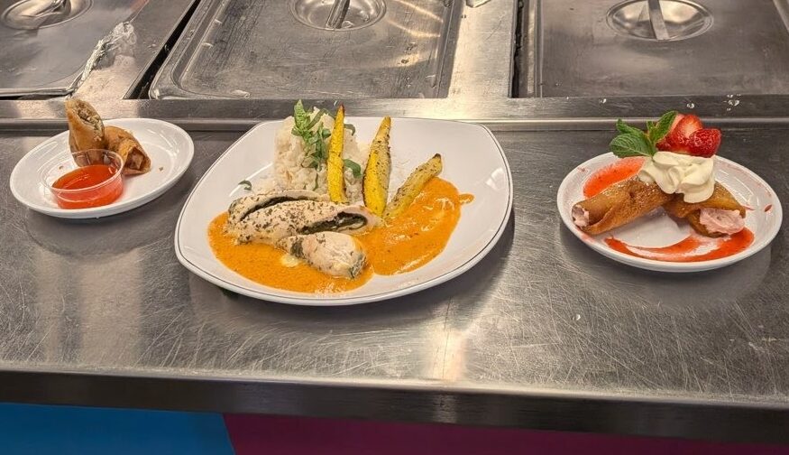 Dishes from left to right: appetizer, lumpia (Filipino egg rolls); entree, spinach and Havarti-stuffed chicken roulade with a red pepper cream sauce; dessert, rolled French toast with strawberry cream cheese filling